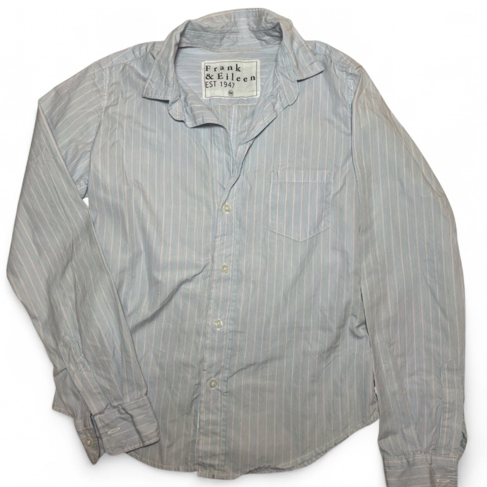 FRANK & EILEEN Barry Crinkle Cotton Tailored Button Up Shirt Blue Stripe Sz XS